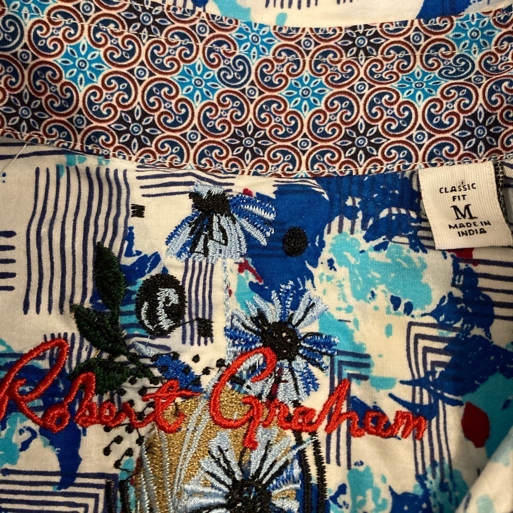 Robert Graham Short Sleeve Button Down Abstract Blue Print Shirt Medium - Picture 2 of 11